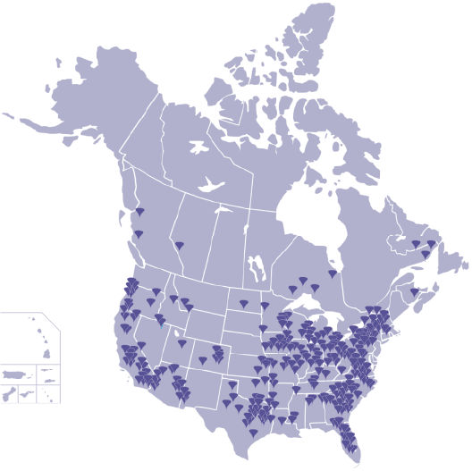 Map of existing FullCount senior living community customer locations in USA and Canada